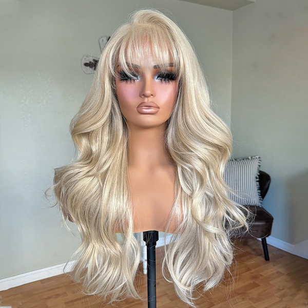 613 Blonde Color Body Wave With Bangs Bionic Hairline 7x5 Lace Closure Glueless Lace Wig 100% Human Hair Wig Ready To Wear