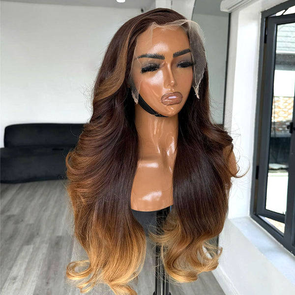Dark Brown Highlight 4/27/30 Human Hair Wavy 250% Density HD 5x5 Lace Closure Wig [MLDC03]