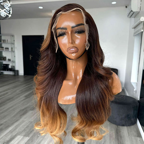 Dark Brown Highlight 4/27/30 Human Hair Wavy 250% Density HD 5x5 Lace Closure Wig [MLDC03]