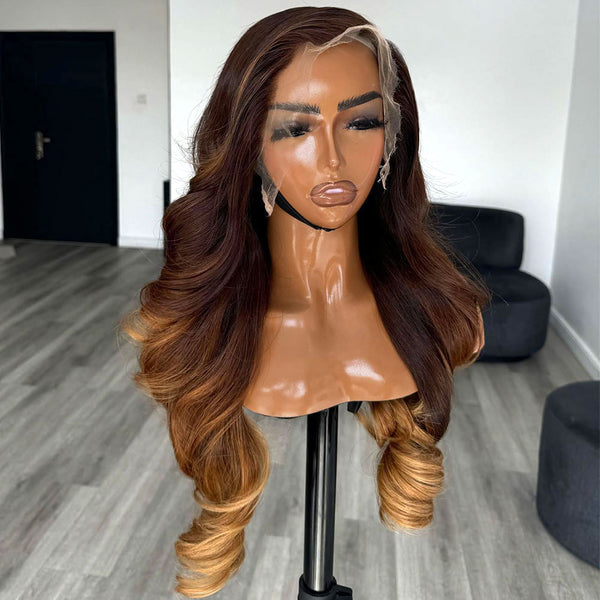 Dark Brown Highlight 4/27/30 Human Hair Wavy 250% Density HD 5x5 Lace Closure Wig [MLDC03]