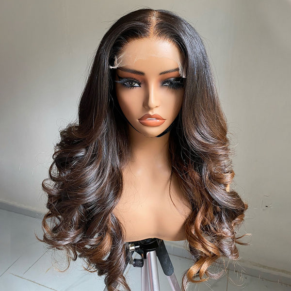 Dark Brown Ombre Human Hair 1b/4 Highlight 250% Density HD 5x5 Lace Closure Wig [MLDC02]