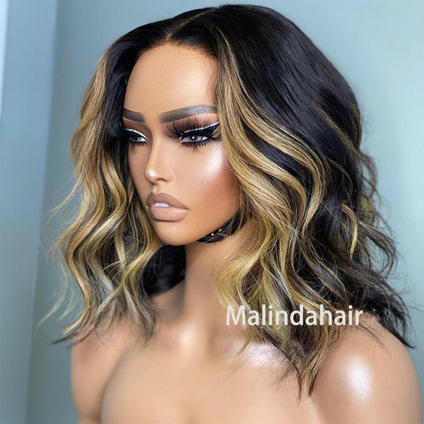 Money Piece Ombre 1b/27 Color Bouncy Body Wave 150% Density 13x4 Transparent Lace Front Human Hair Wig [MLD192]