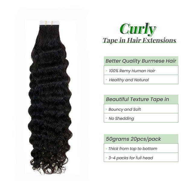 Black Tape in Hair Extensions Real Human Hair Tape in Extensions Natural Curly Tape Hair Extensions Color[MLD205]