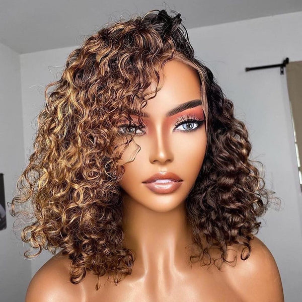 Malinda Hair Bionic Natural Hairline Chocolate Color Side Part 13x4 Curly Bob Transparent Lace Wig [MLD20]