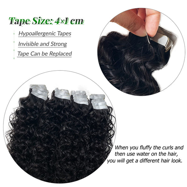 Black Tape in Hair Extensions Real Human Hair Tape in Extensions Natural Curly Tape Hair Extensions Color[MLD205]