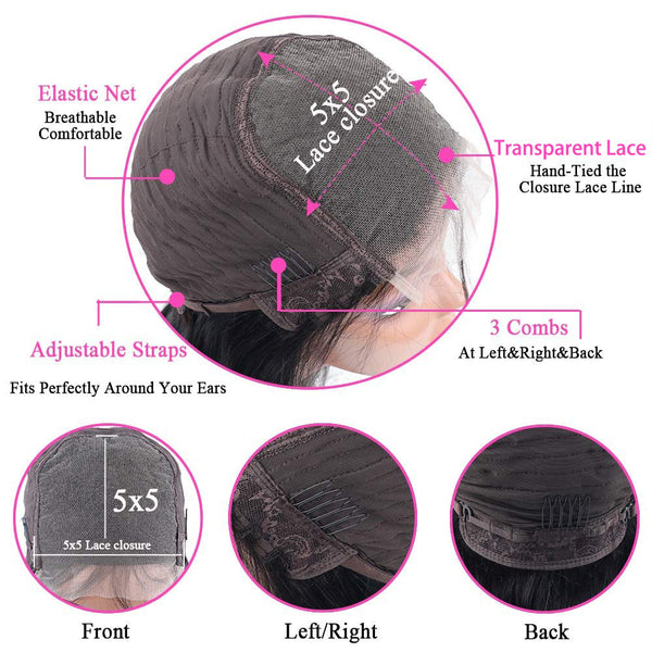Bone Straight Short Bob 5x5 Transparent Lace Closure Human Hair Wigs With Bangs [MLD195]
