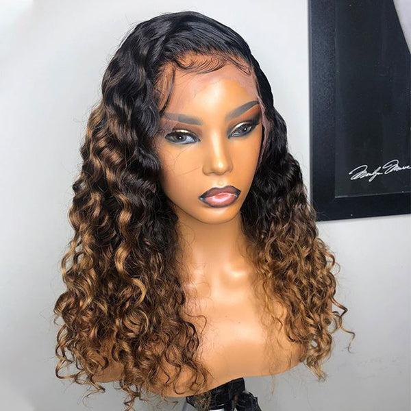 Malinda Hair Bionic Hairline Ombre 1b/30 13x6 Transparent Lace Frontal Human Hair Wig Curly 150% Density [MLD75]