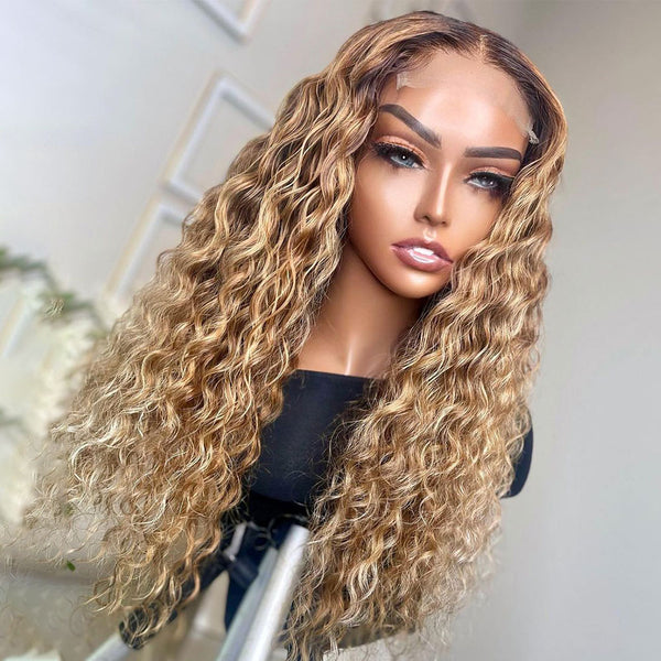 4/27 Ombre Honey Blonde Curly Human Hair 5x5 Lace Closure Wig [MLD27]