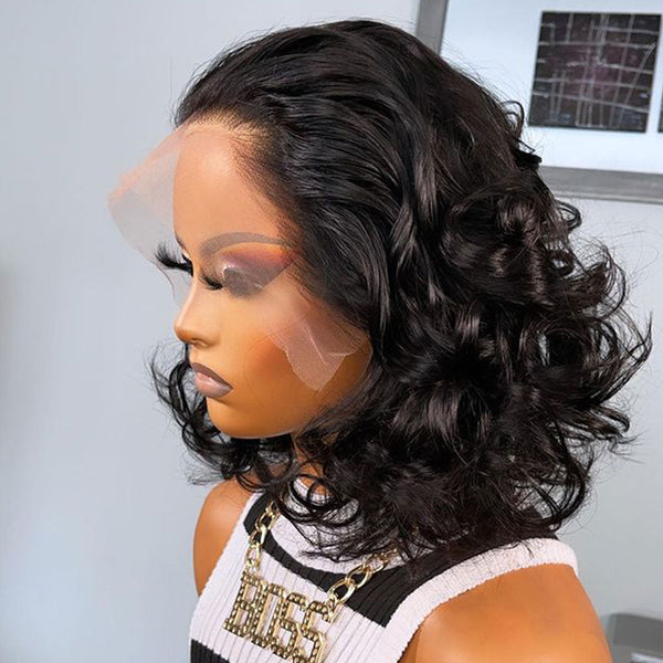 Bionic Natural Hairline 250% Density Short Wavy Bob 13x4 Transparent Lace Frontal Wig Human Hair [MLD103]